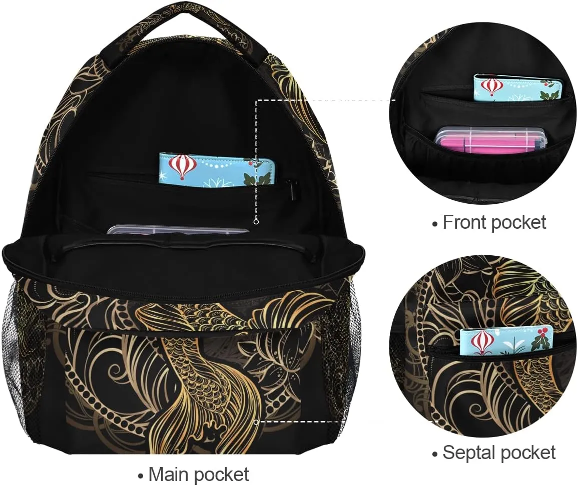 Asian Spiritual Gold Koi School Backpack Bookbag for Boys Girls Teens Casual Travel Bag Computer Laptop Daypack