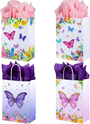 ASOEMERZ 24 Pack Butterfly Gift Bags with Tissue Paper Bags with Handles, 8.7'' Small Gift Bag Party Bags for Kids Birthday, Mothers Day, Bridal Showers, Baby Showers