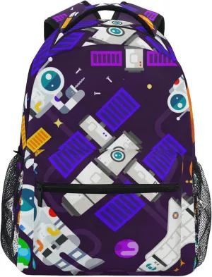 Astronauts and Spacecraft Space Planets Backpack for Boys Girls, Kids Bookbag Laptop Tablet Travel School Bag with Name Tag