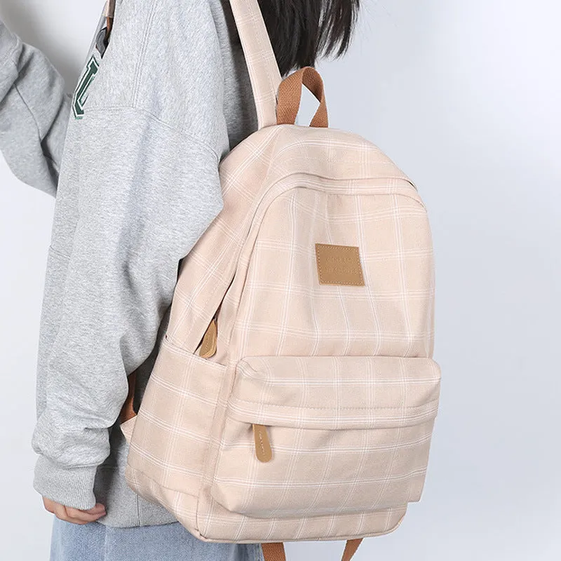 Autumn Plaid Canvas Female Junior College Backpacks