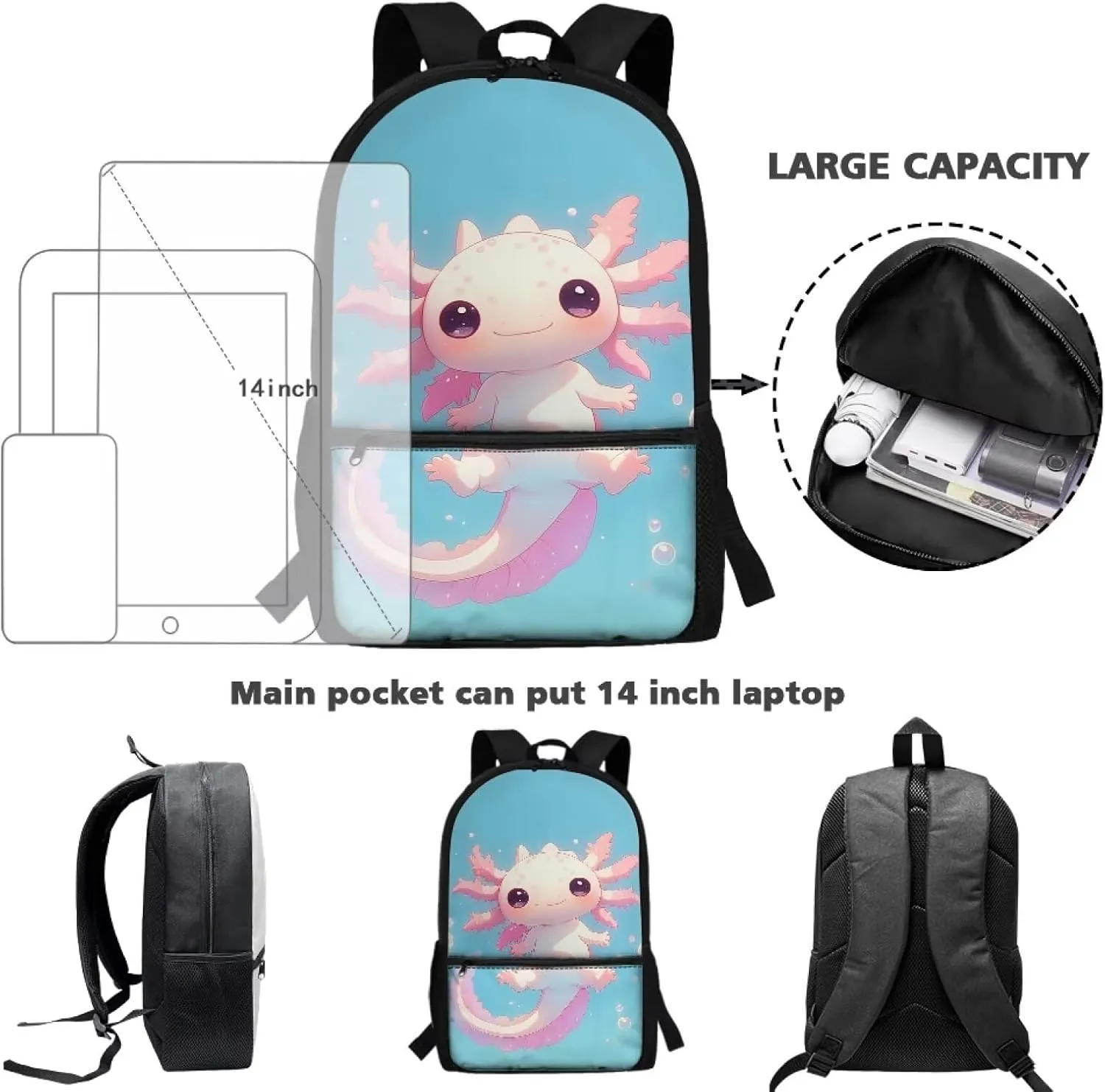 Axolotl Backpack for School Boys Elementary Bookbag Back Pack Rucksack for Kindergarten Preschool Students Daypack Light Weight Laptop Bags Student Schoolbag