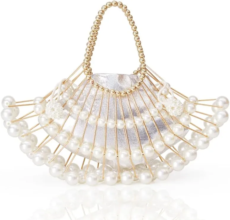 BABEYOND Women Pearl Clutch - Bucket Beaded Bridal Evening Party Wedding Reticulated Bag With Inner Bag