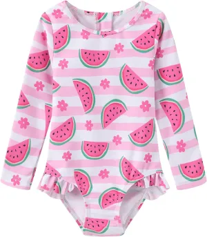 Baby and Toddler Girls One Piece Rash Guard Swimsuits for Girls Long Sleeve Swim Shirts with Sun Protection