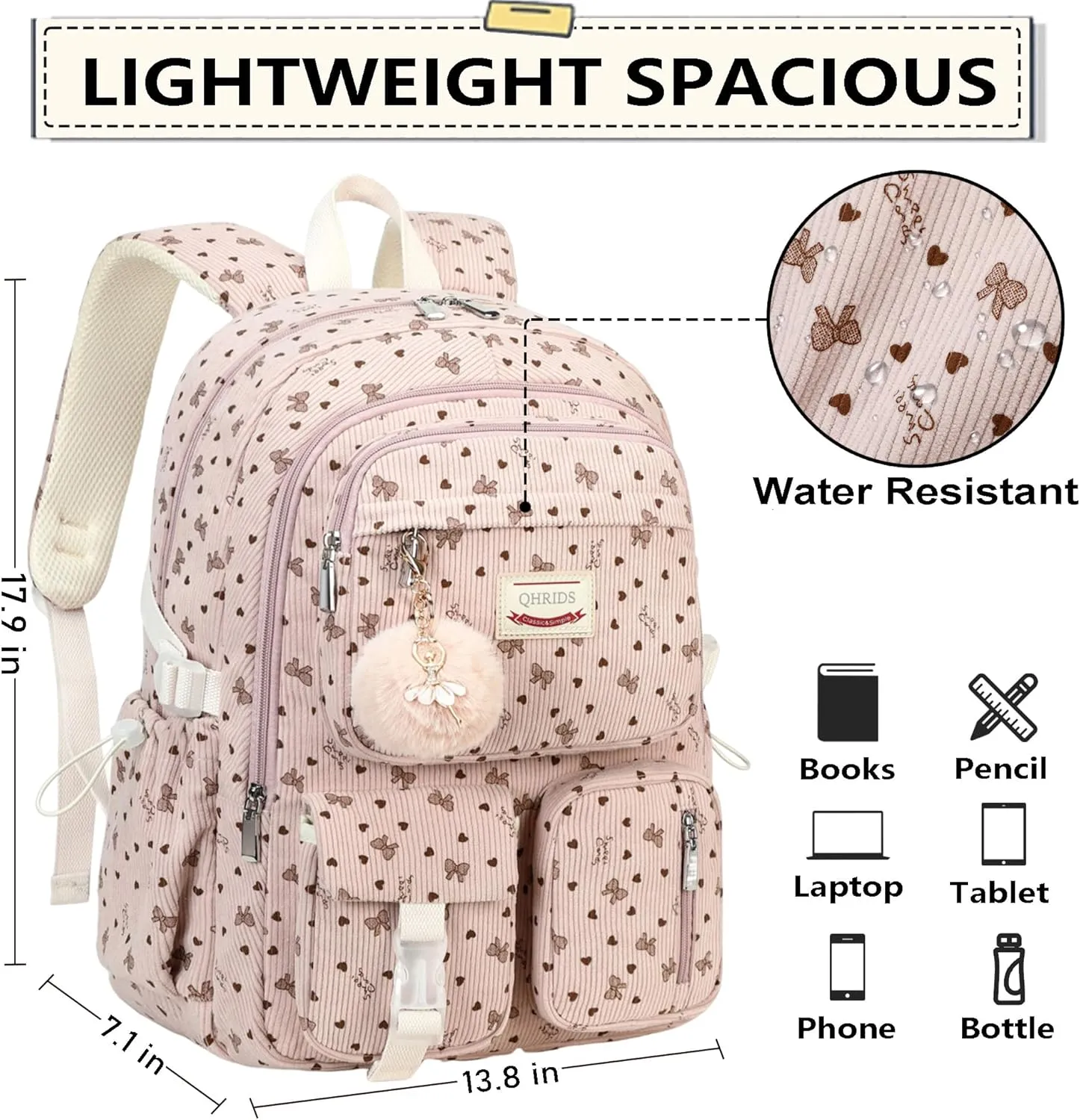 Backpack for Girls Big Student Corduroy Laptop Backpack for College Kids Elementary Middle High School Bag Anti Theft Bookbag Travel Daypack Womens(Corduroy Pink Bowknot)