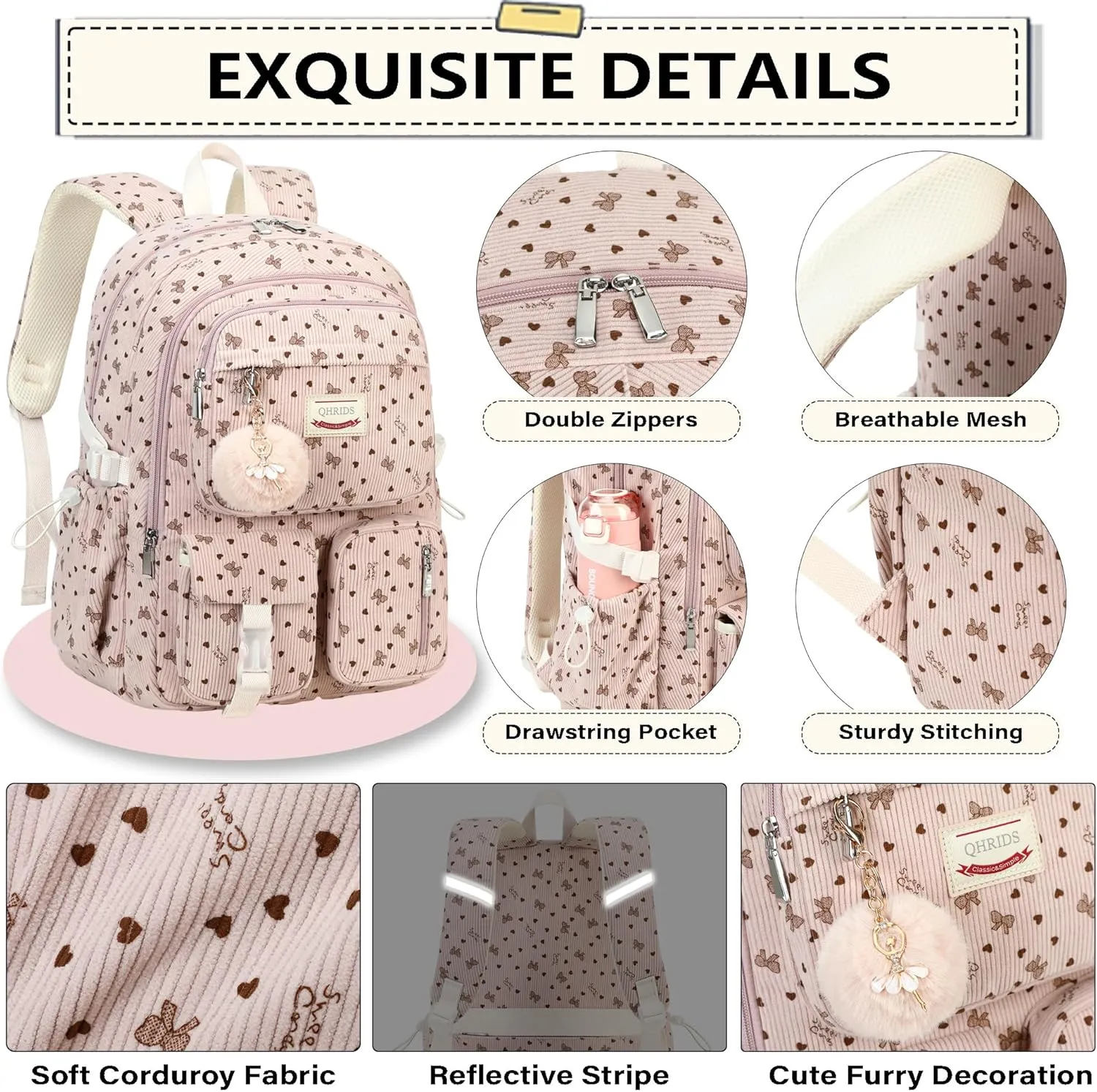 Backpack for Girls Big Student Corduroy Laptop Backpack for College Kids Elementary Middle High School Bag Anti Theft Bookbag Travel Daypack Womens(Corduroy Pink Bowknot)