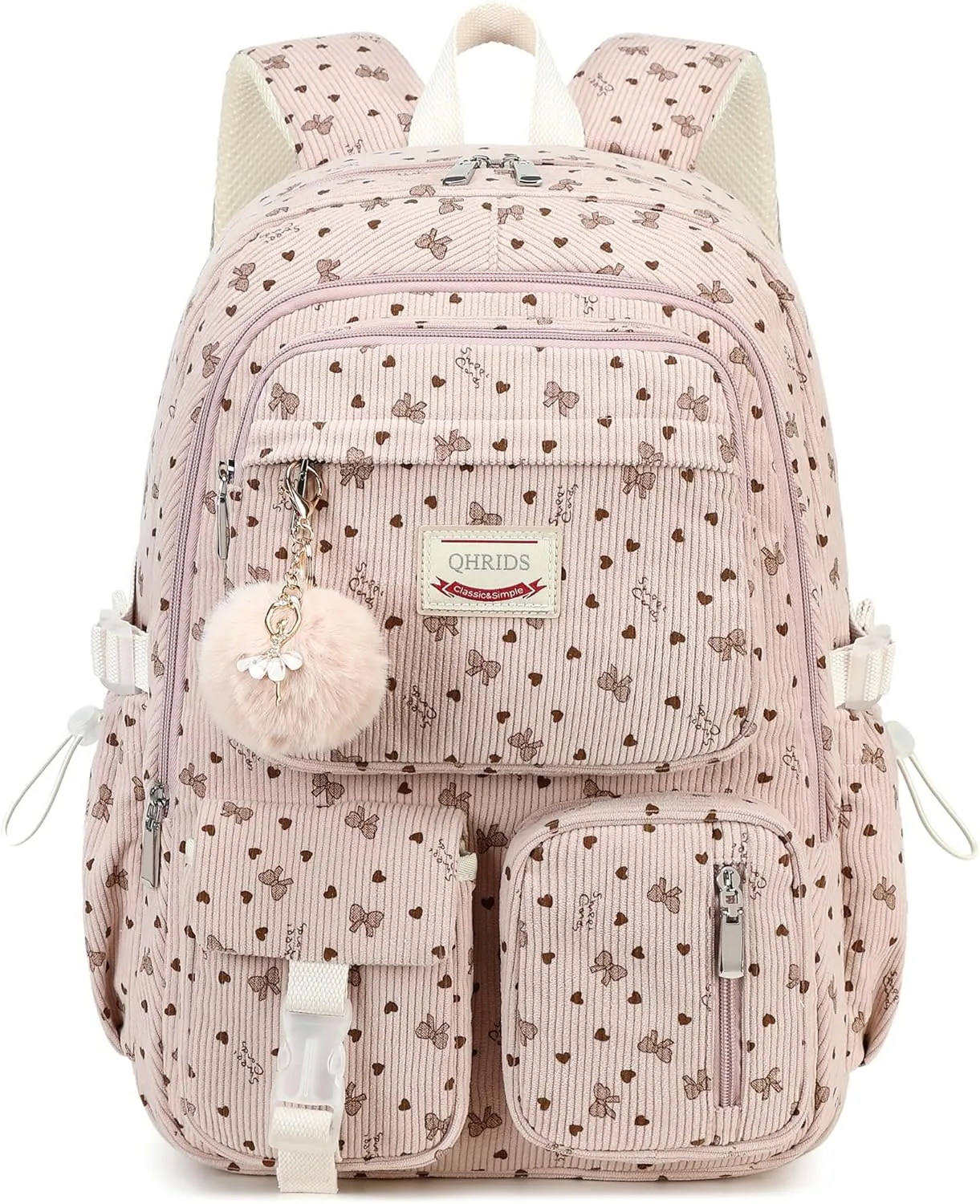 Backpack for Girls Big Student Corduroy Laptop Backpack for College Kids Elementary Middle High School Bag Anti Theft Bookbag Travel Daypack Womens(Corduroy Pink Bowknot)