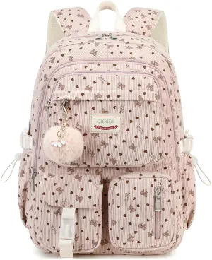 Backpack for Girls Big Student Corduroy Laptop Backpack for College Kids Elementary Middle High School Bag Anti Theft Bookbag Travel Daypack Womens(Corduroy Pink Bowknot)