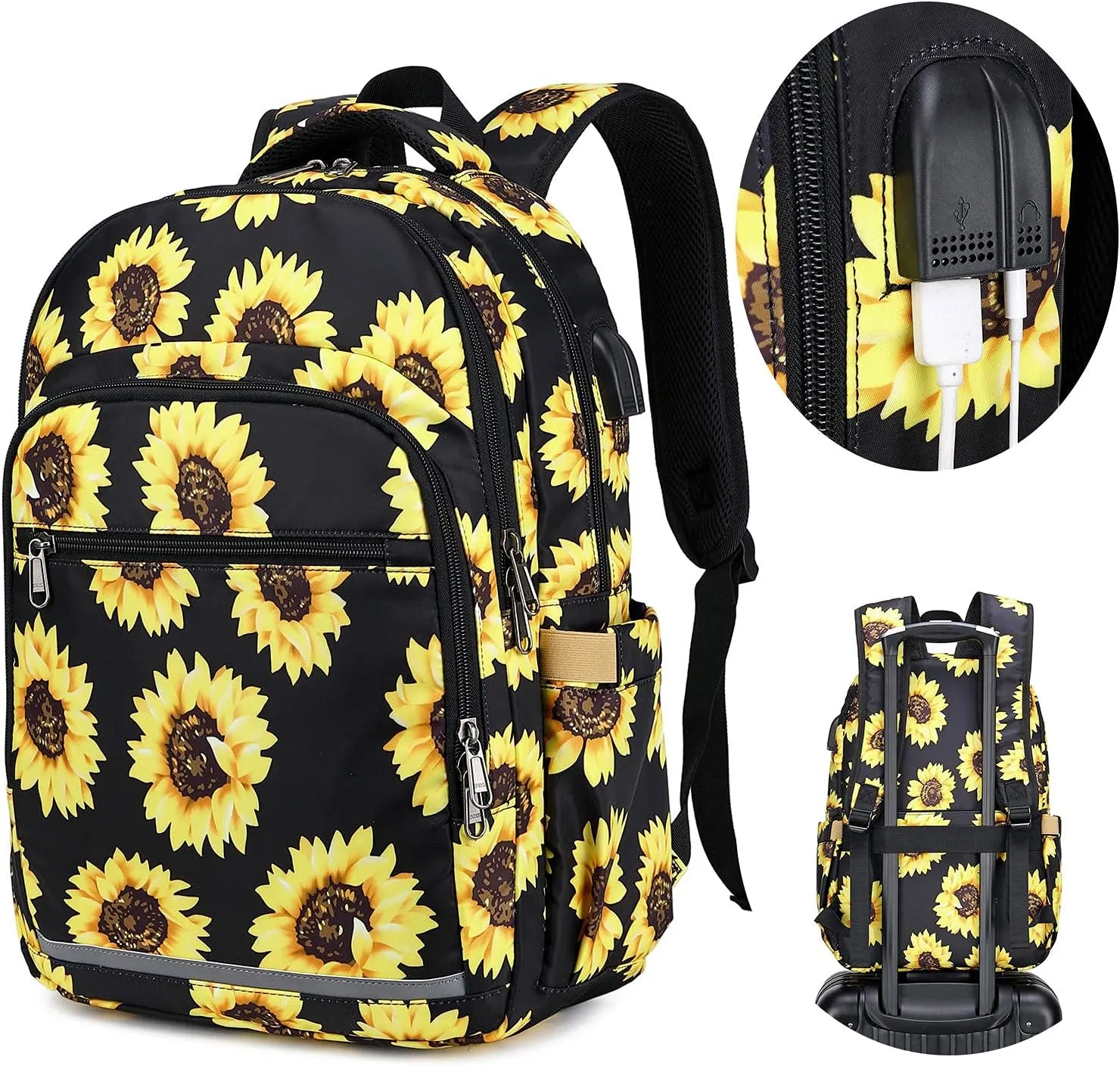 Backpack for Women 15.6 Inch Laptop Bookbag College Backpack Girls Floral bag Compartment Daypack for Business Travel with USB Charging Port and Headphone Interface Sunflower