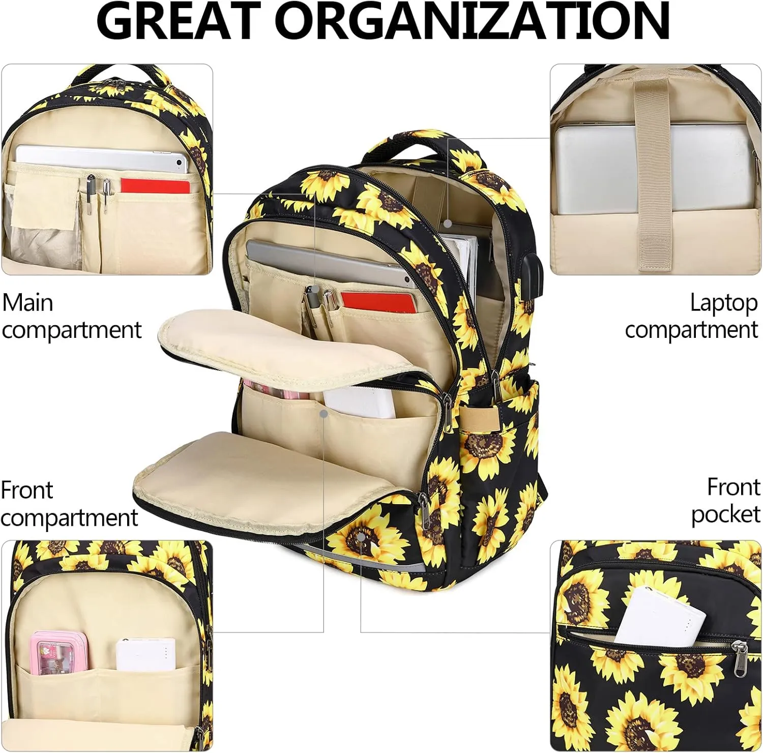 Backpack for Women 15.6 Inch Laptop Bookbag College Backpack Girls Floral bag Compartment Daypack for Business Travel with USB Charging Port and Headphone Interface Sunflower