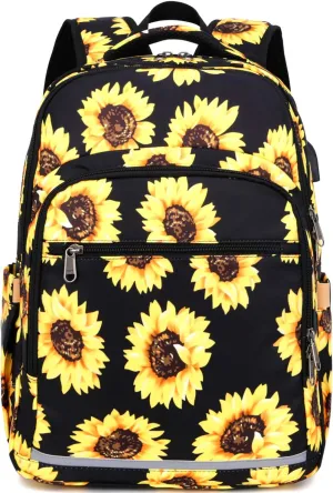 Backpack for Women 15.6 Inch Laptop Bookbag College Backpack Girls Floral bag Compartment Daypack for Business Travel with USB Charging Port and Headphone Interface Sunflower