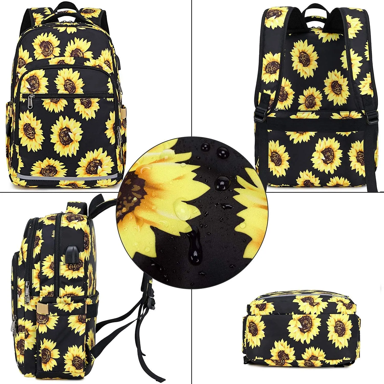 Backpack for Women 15.6 Inch Laptop Bookbag College Backpack Girls Floral bag Compartment Daypack for Business Travel with USB Charging Port and Headphone Interface Sunflower
