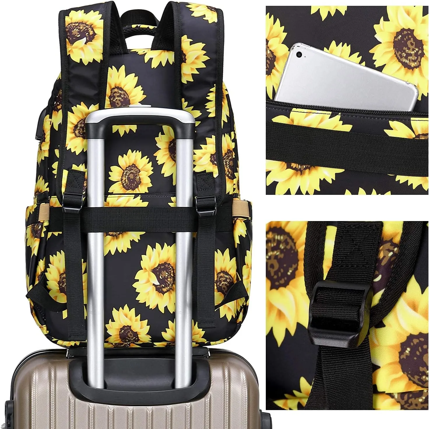 Backpack for Women 15.6 Inch Laptop Bookbag College Backpack Girls Floral bag Compartment Daypack for Business Travel with USB Charging Port and Headphone Interface Sunflower