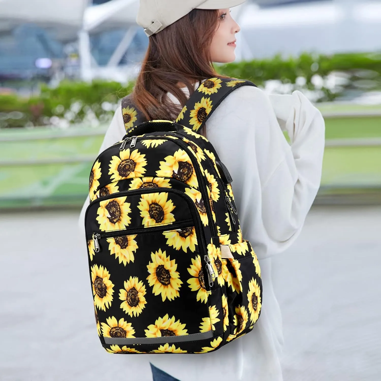 Backpack for Women 15.6 Inch Laptop Bookbag College Backpack Girls Floral bag Compartment Daypack for Business Travel with USB Charging Port and Headphone Interface Sunflower