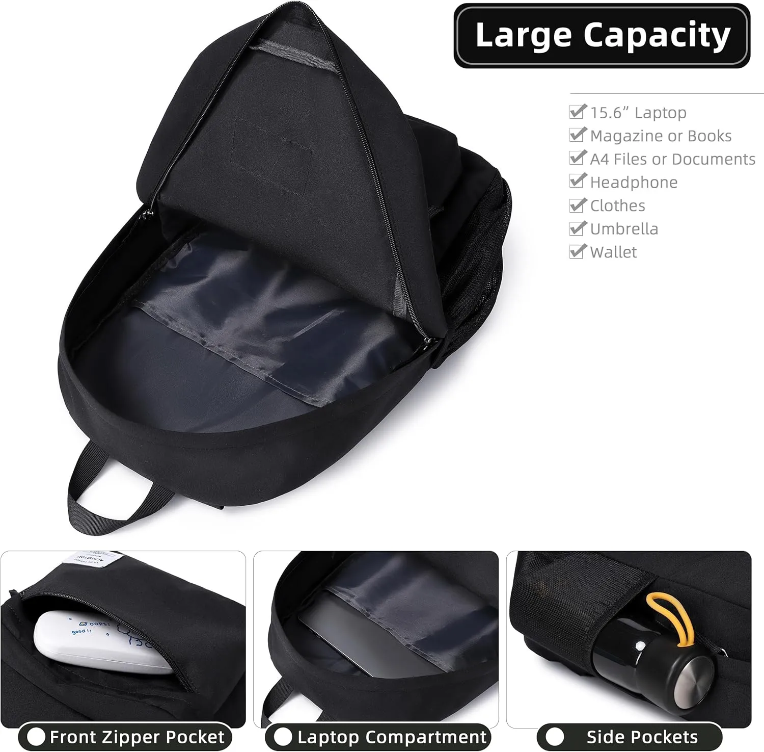 Backpack for Women Men 17 Inch Laptop Back Pack Large College Bookbag Kids Elementary Middle High School Bag for Girls Boys Teens Students Lightweight Travel Work Backpacks Casual Daypack Black