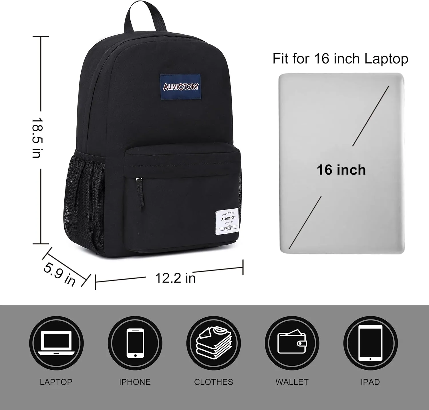 Backpack for Women Men 17 Inch Laptop Back Pack Large College Bookbag Kids Elementary Middle High School Bag for Girls Boys Teens Students Lightweight Travel Work Backpacks Casual Daypack Black