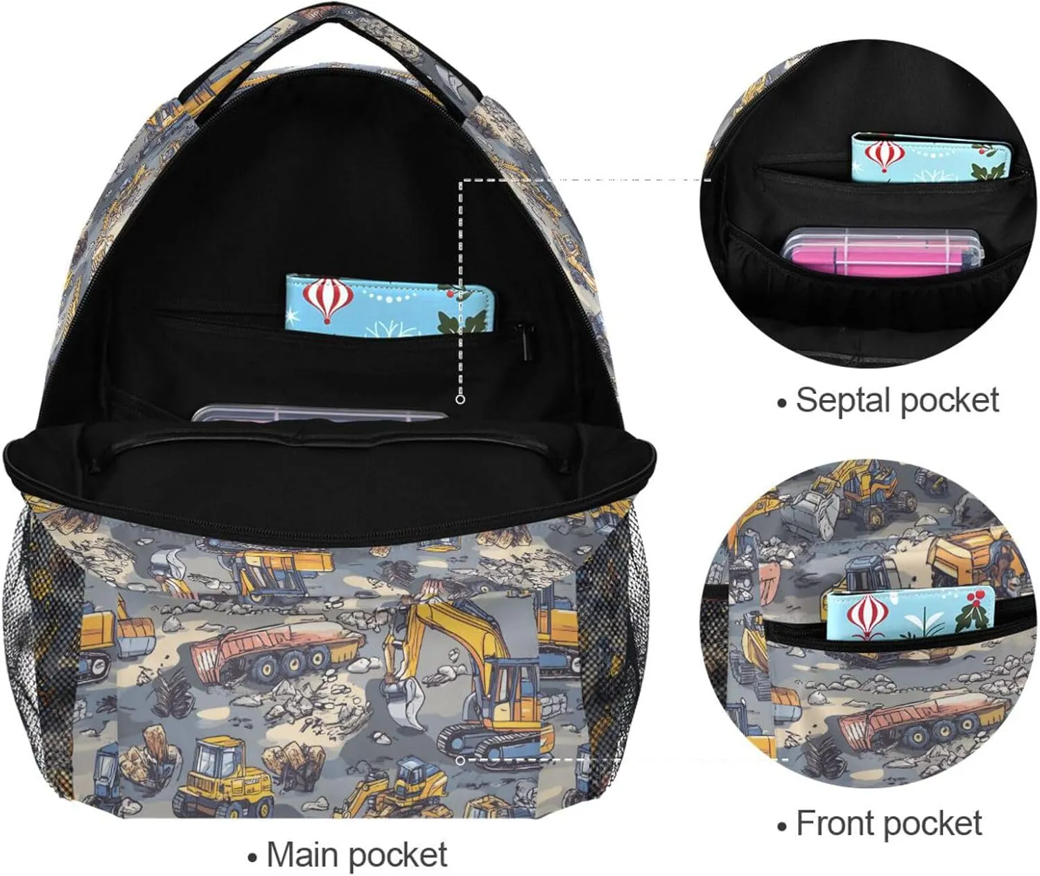 Backpack for Women Men Fashion College School Computer Bag with Chest Strap for Business Work College Travel Trip Construction Vehicles