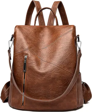 Backpack Purse for Women, Large Capacity PU Leather Shoulder Bags Multifunctional Fashion Backpack Travel Bag for Working Shopping Hiking (Brown)