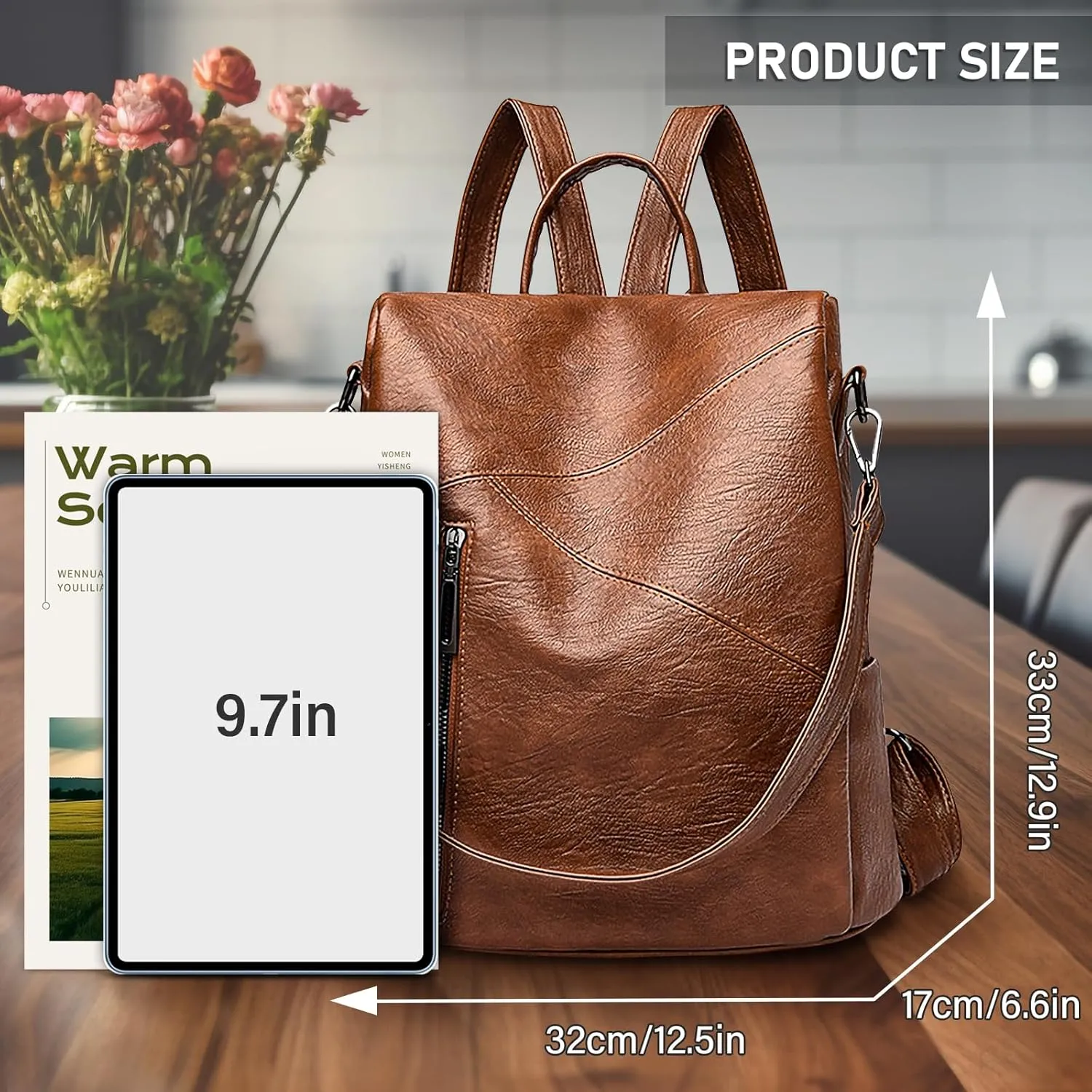 Backpack Purse for Women, Large Capacity PU Leather Shoulder Bags Multifunctional Fashion Backpack Travel Bag for Working Shopping Hiking (Brown)