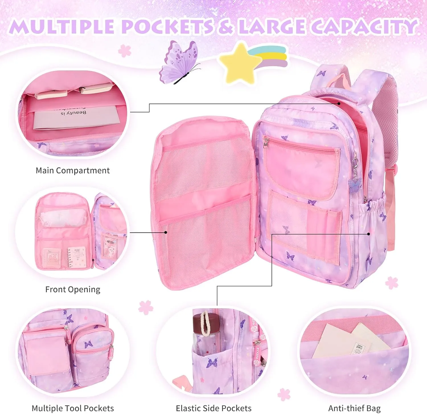 Backpacks for Girls School Kids Backpack Bookbags with Insulated Lunch Box Set for School Elementary girl, Tie Dye School Bag with Compartments 16 * 11.5 * 7.5, Butterfly Purple