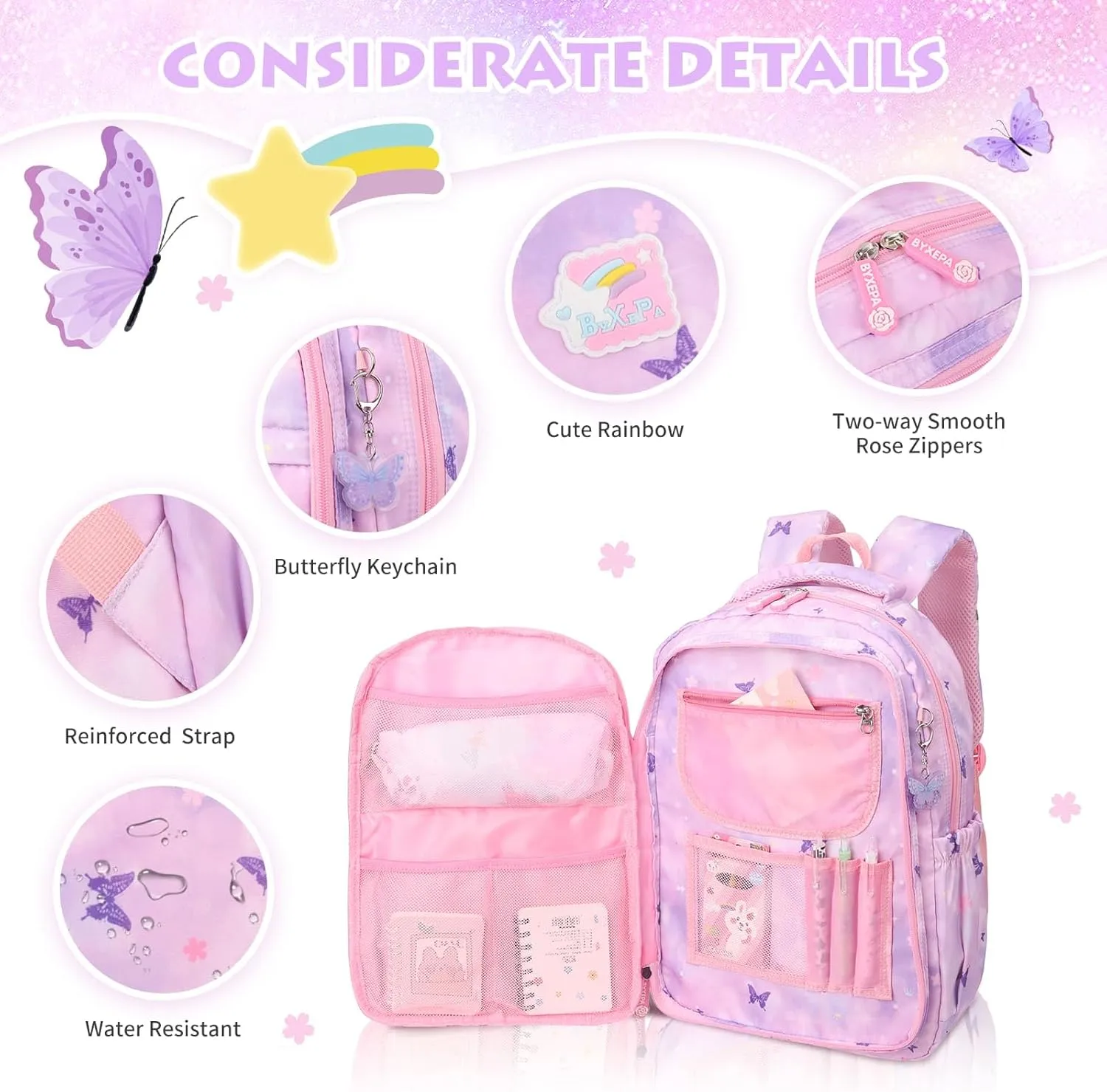Backpacks for Girls School Kids Backpack Bookbags with Insulated Lunch Box Set for School Elementary girl, Tie Dye School Bag with Compartments 16 * 11.5 * 7.5, Butterfly Purple