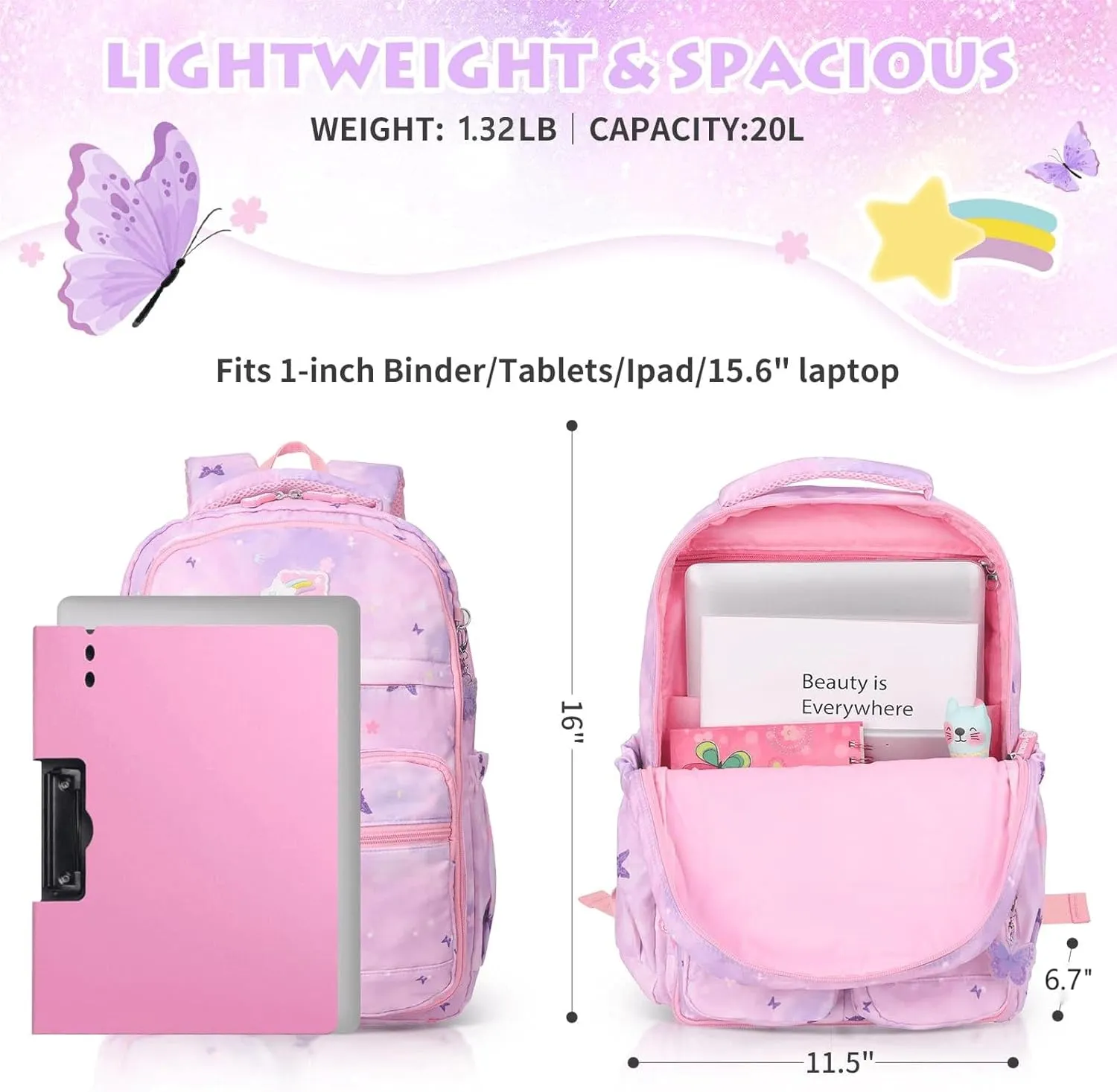 Backpacks for Girls School Kids Backpack Bookbags with Insulated Lunch Box Set for School Elementary girl, Tie Dye School Bag with Compartments 16 * 11.5 * 7.5, Butterfly Purple
