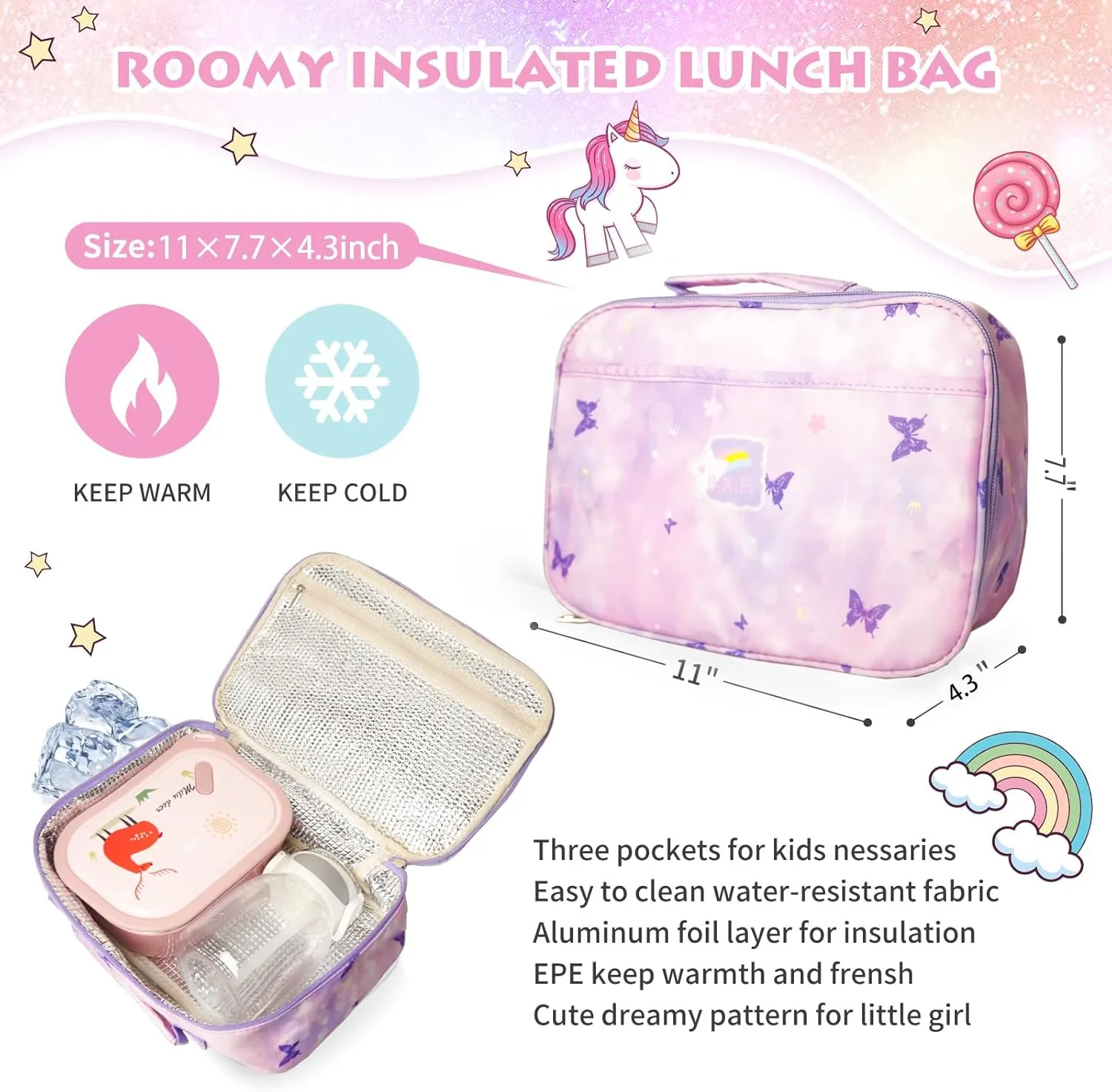 Backpacks for Girls School Kids Backpack Bookbags with Insulated Lunch Box Set for School Elementary girl, Tie Dye School Bag with Compartments 16 * 11.5 * 7.5, Butterfly Purple