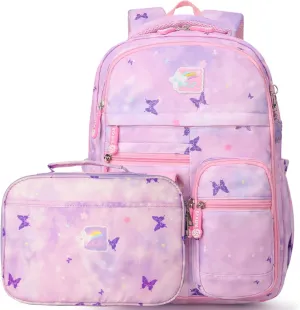 Backpacks for Girls School Kids Backpack Bookbags with Insulated Lunch Box Set for School Elementary girl, Tie Dye School Bag with Compartments 16 * 11.5 * 7.5, Butterfly Purple
