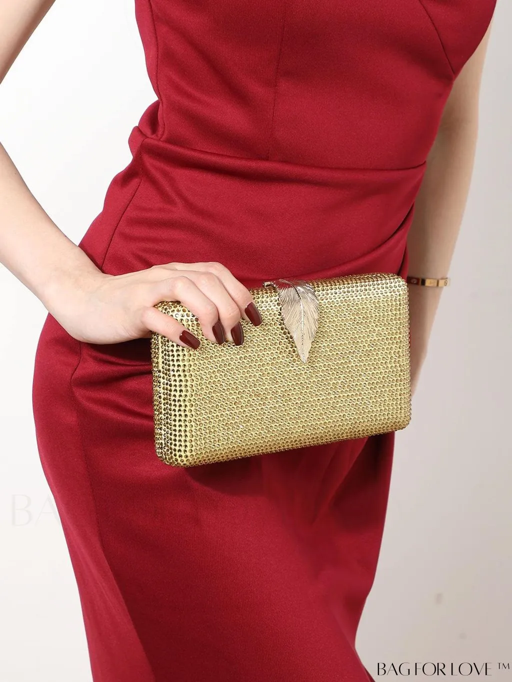 BagForLove - Compact Evening Bag with Rhinestone Square & Leaf Embellishments