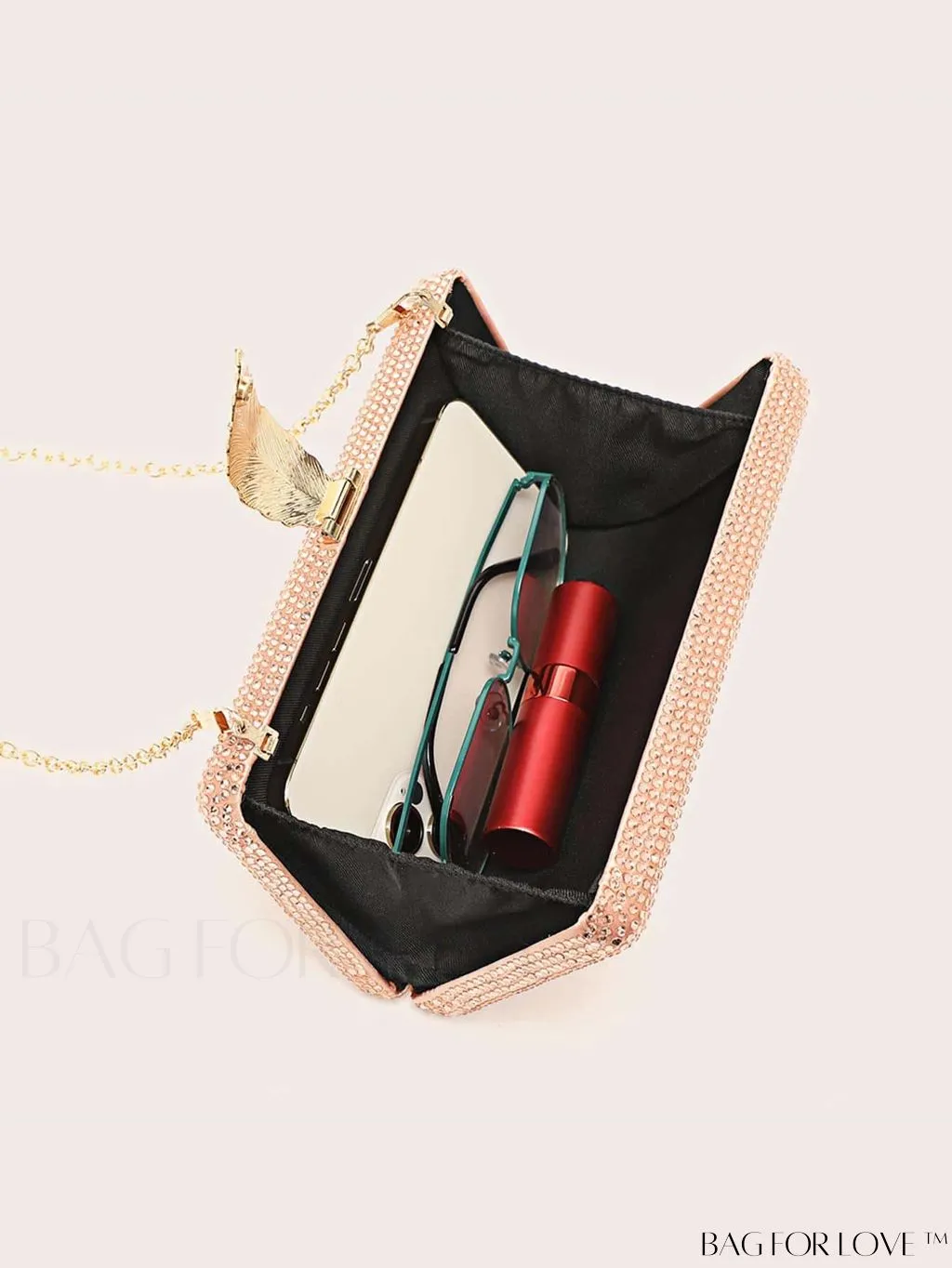 BagForLove - Compact Evening Bag with Rhinestone Square & Leaf Embellishments