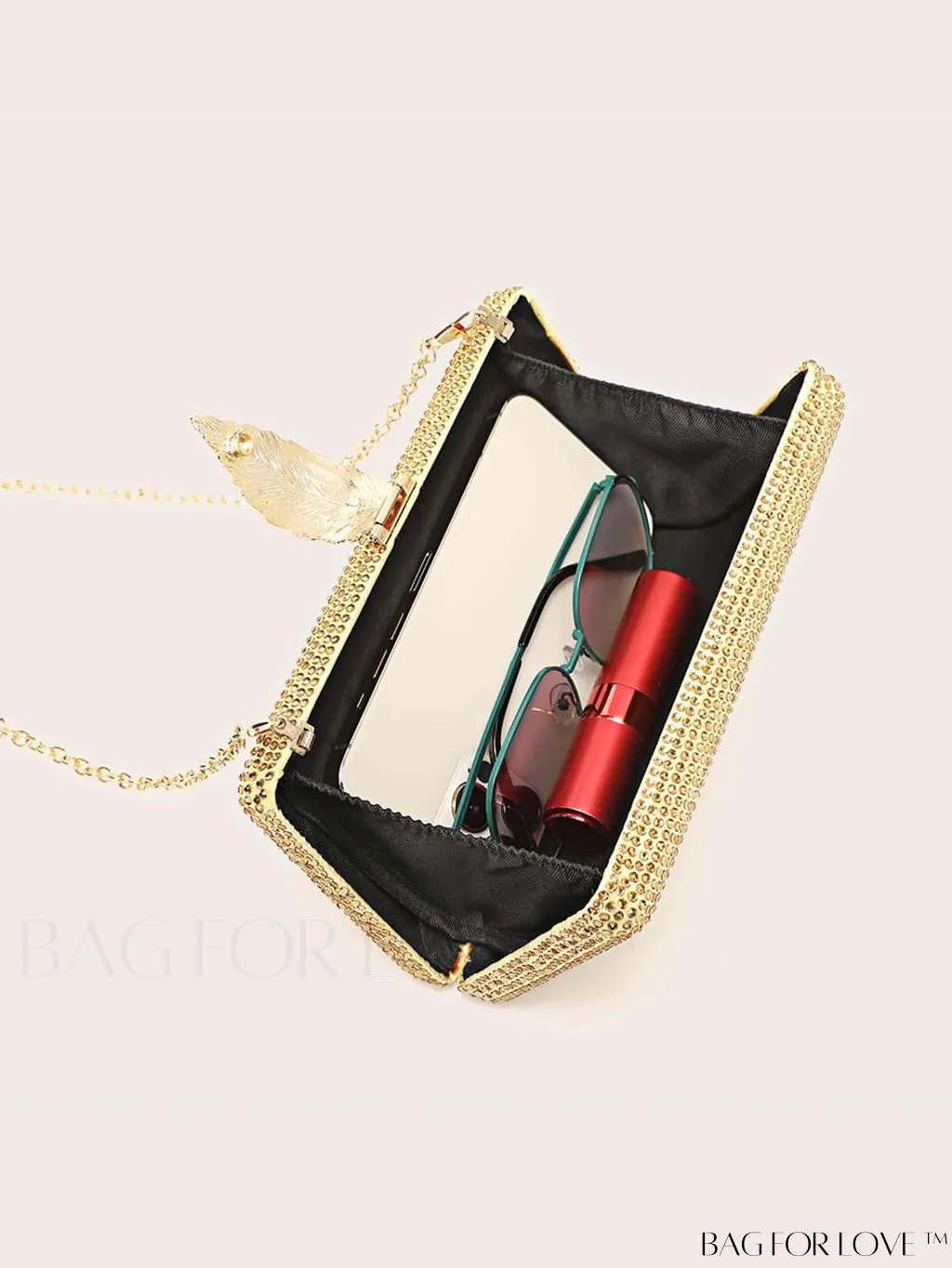 BagForLove - Compact Evening Bag with Rhinestone Square & Leaf Embellishments
