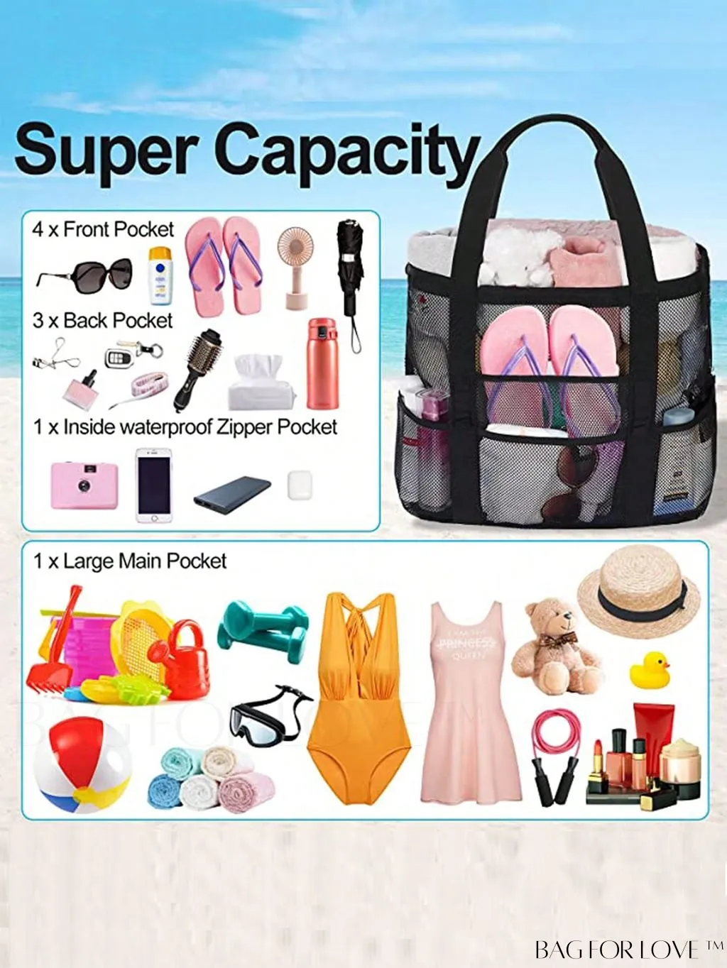 BagForLove - Large Capacity Mesh Beach Bag: Shoulder Tote for Outdoor & Pool