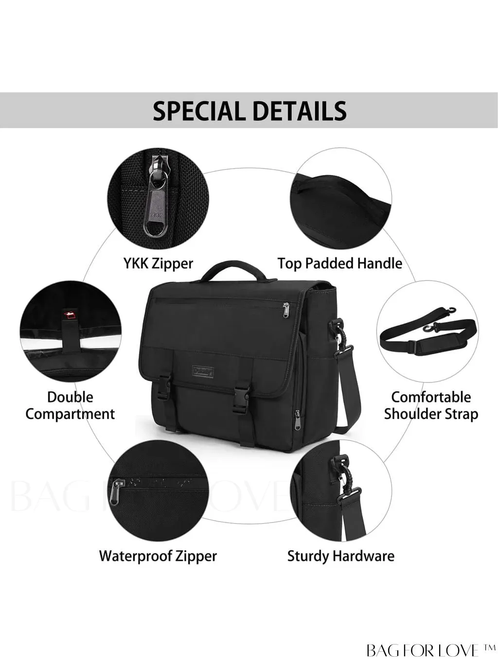 BagForLove - Waterproof Messenger Bag: 15.6 Inch Laptop Briefcase with Cable Organizer - Office & College