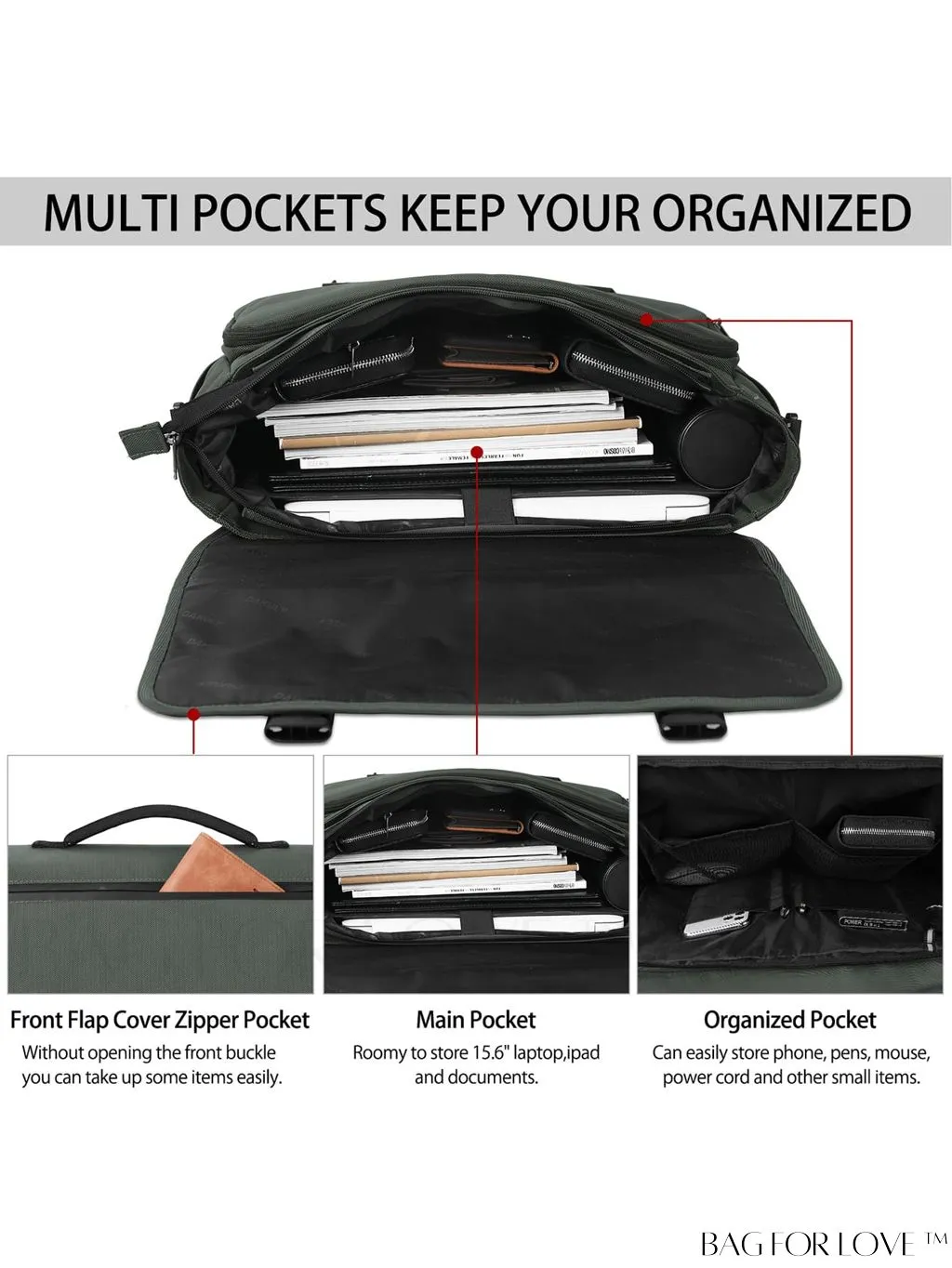 BagForLove - Waterproof Messenger Bag: 15.6 Inch Laptop Briefcase with Cable Organizer - Office & College