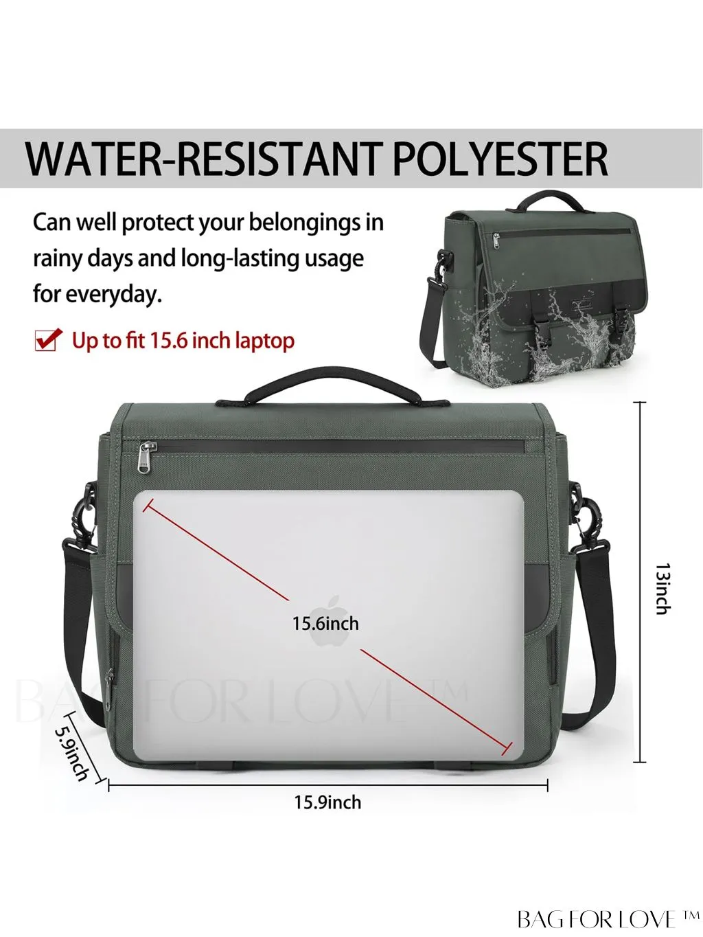 BagForLove - Waterproof Messenger Bag: 15.6 Inch Laptop Briefcase with Cable Organizer - Office & College