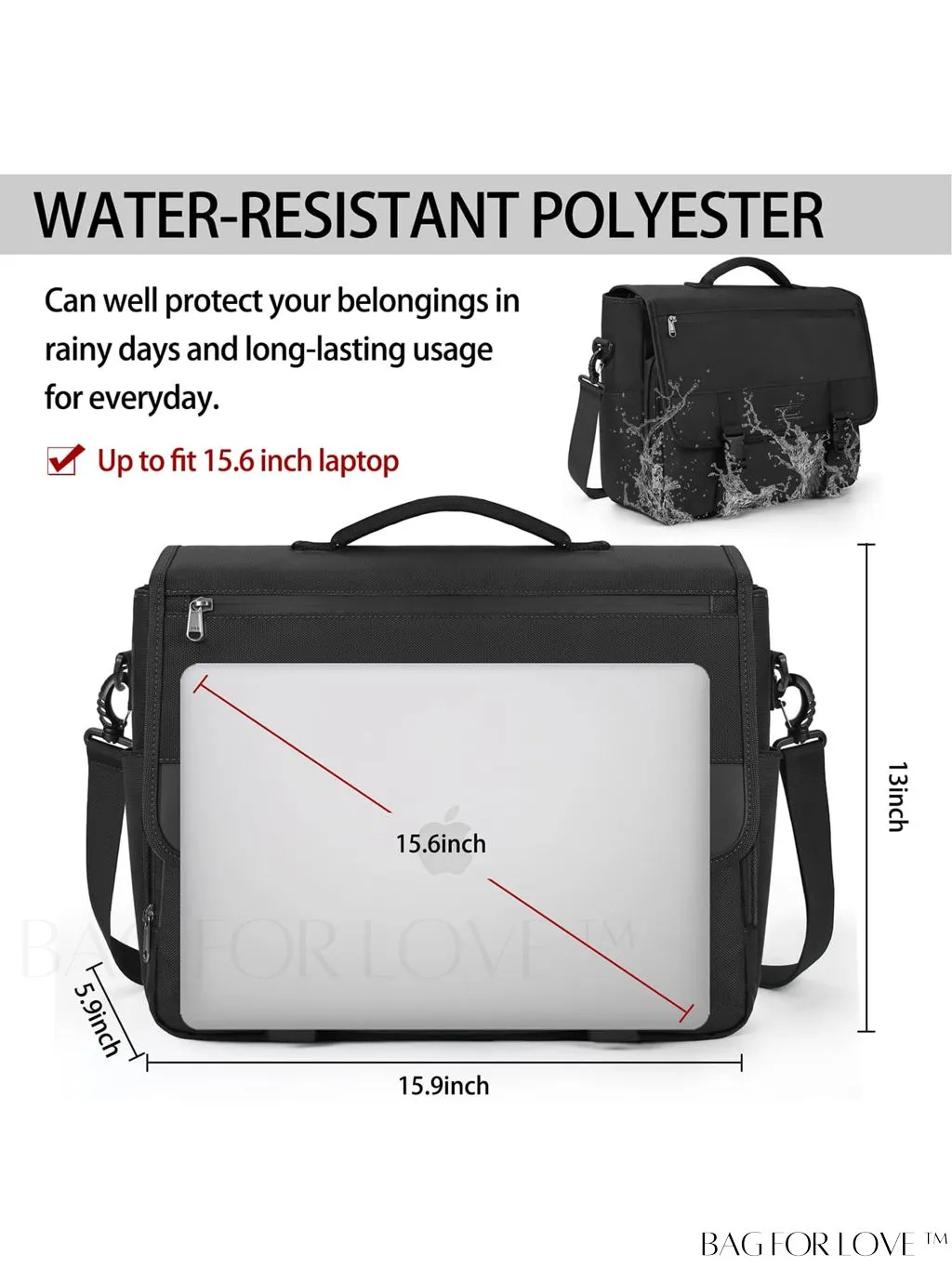 BagForLove - Waterproof Messenger Bag: 15.6 Inch Laptop Briefcase with Cable Organizer - Office & College