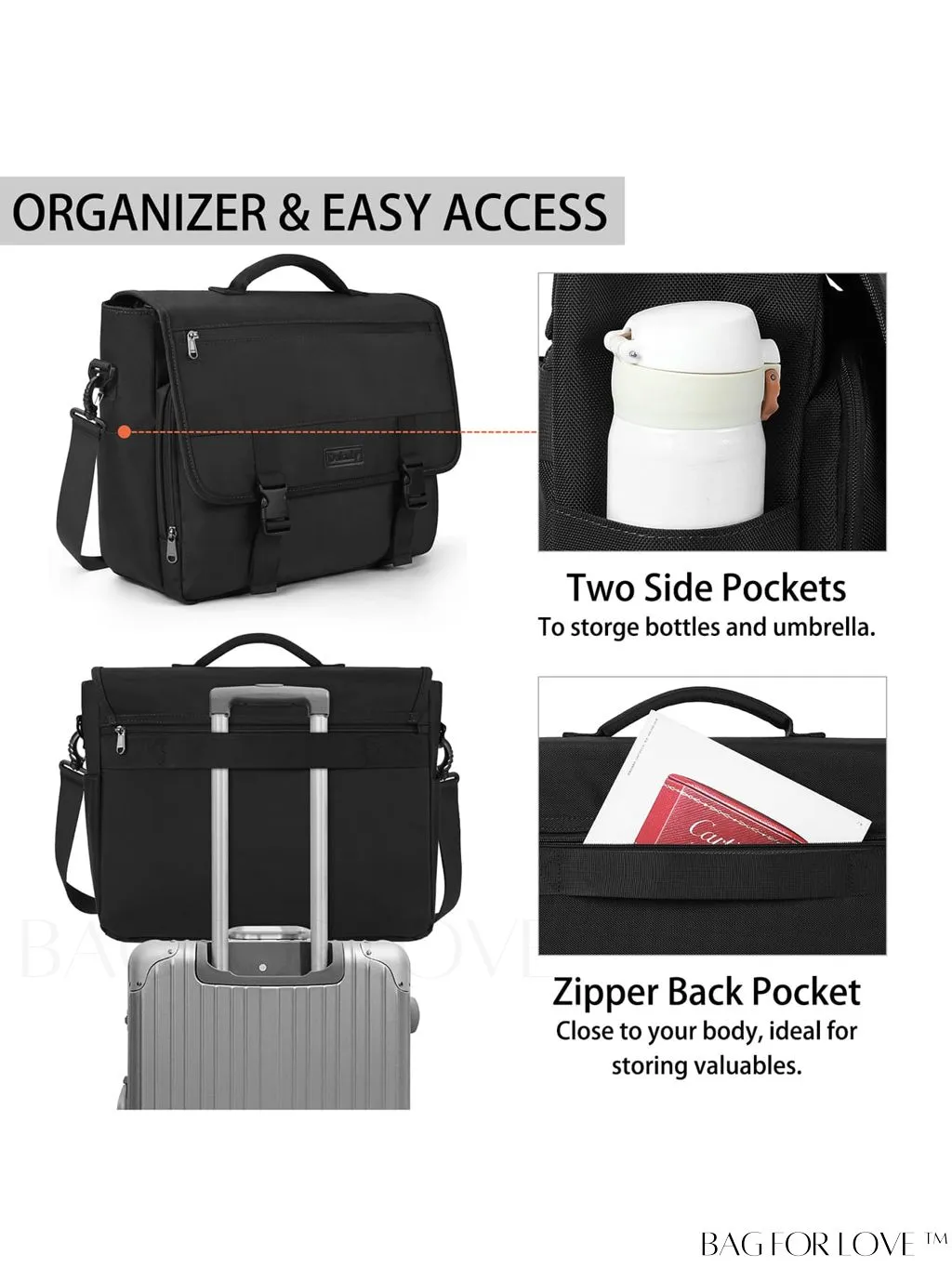 BagForLove - Waterproof Messenger Bag: 15.6 Inch Laptop Briefcase with Cable Organizer - Office & College