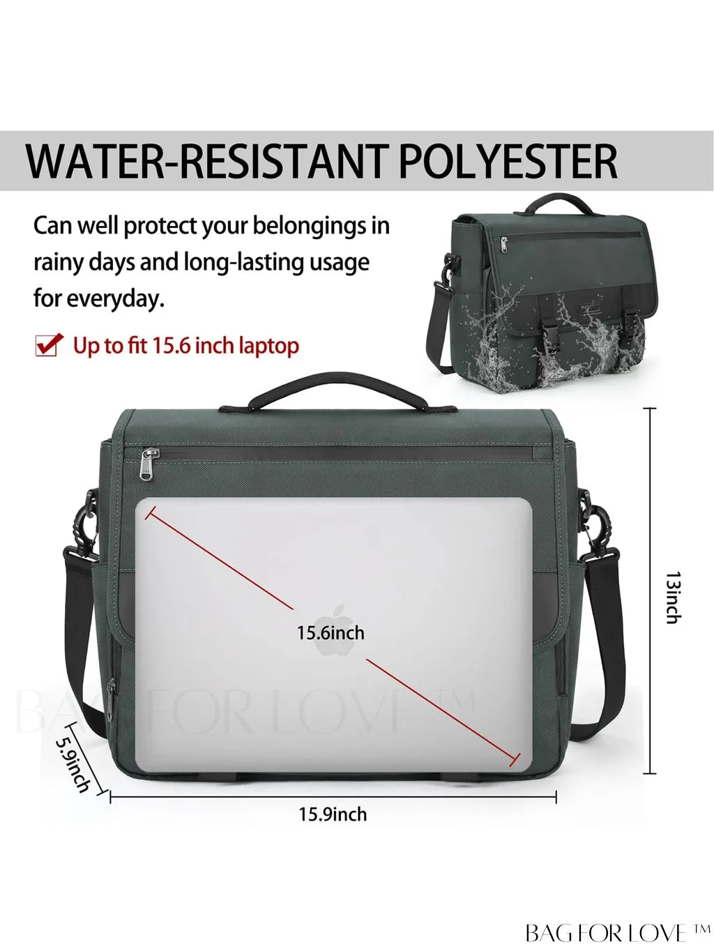 BagForLove - Waterproof Messenger Bag: 15.6 Inch Laptop Briefcase with Cable Organizer - Office & College