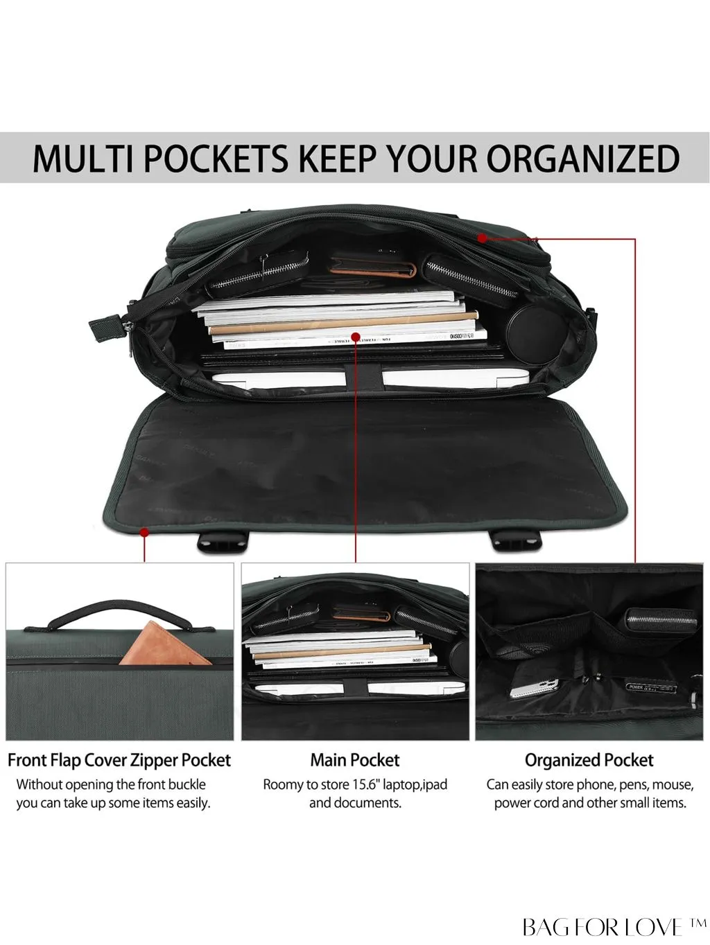 BagForLove - Waterproof Messenger Bag: 15.6 Inch Laptop Briefcase with Cable Organizer - Office & College