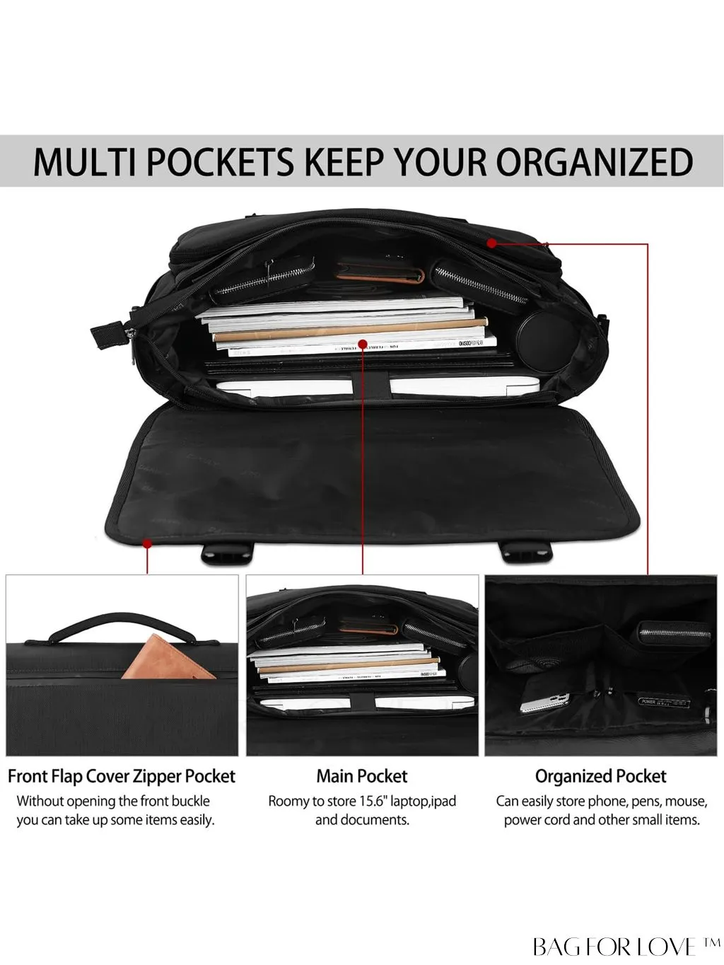 BagForLove - Waterproof Messenger Bag: 15.6 Inch Laptop Briefcase with Cable Organizer - Office & College