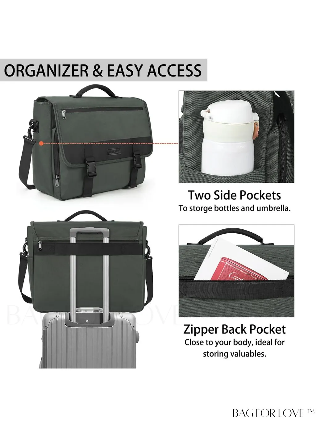 BagForLove - Waterproof Messenger Bag: 15.6 Inch Laptop Briefcase with Cable Organizer - Office & College