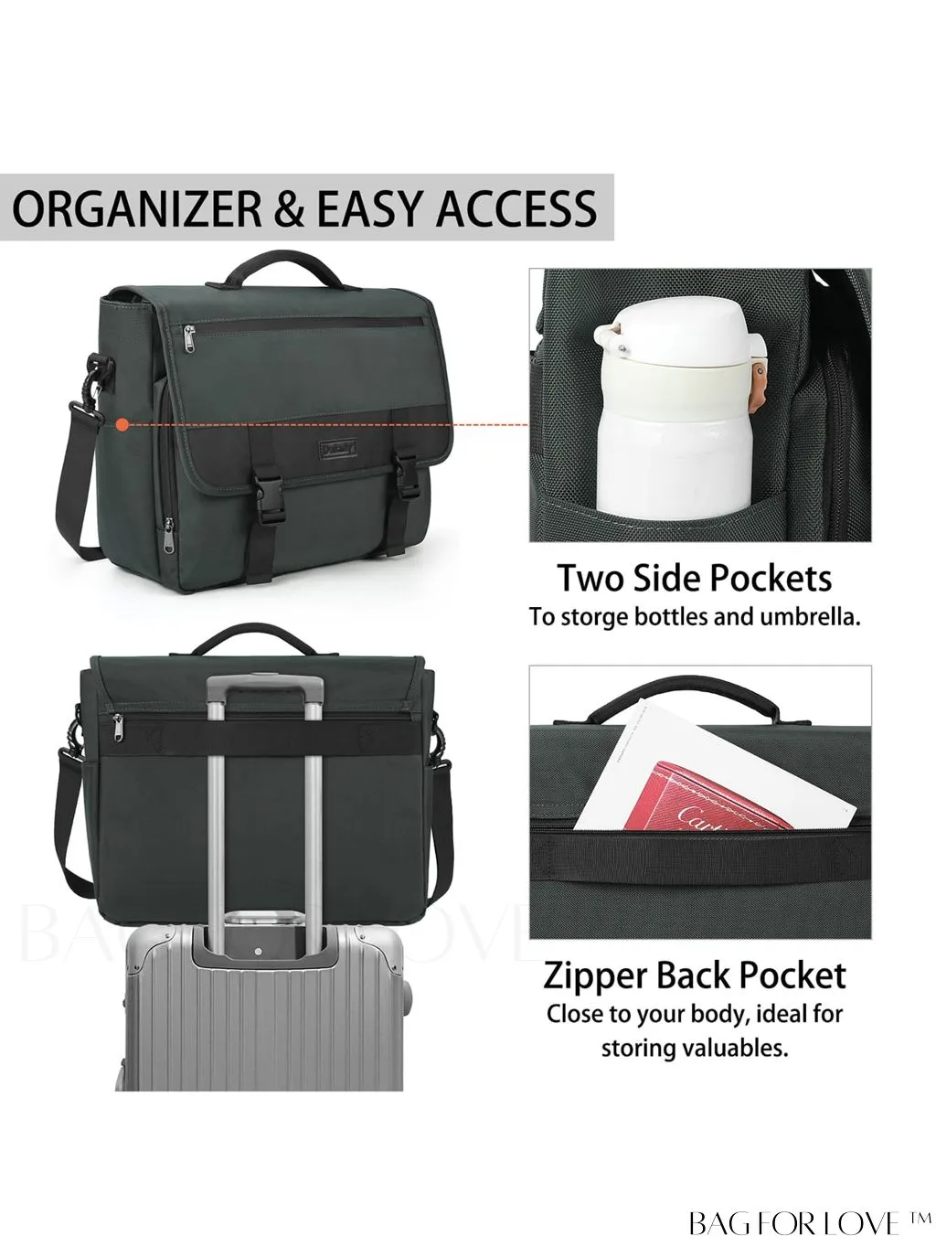 BagForLove - Waterproof Messenger Bag: 15.6 Inch Laptop Briefcase with Cable Organizer - Office & College