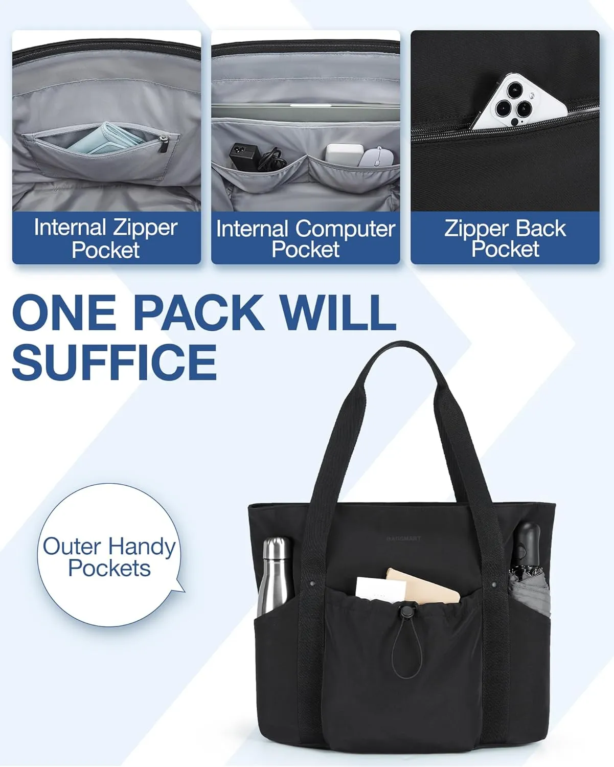 BAGSMART Tote Bag for Women, Tote Shoulder Bag with Laptop Compartment and Zipper Handbag for Travel, Work