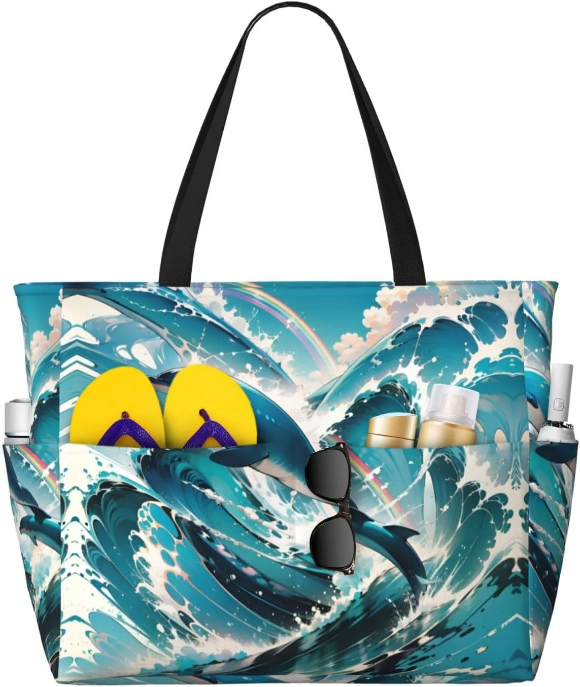 Beach Bag for Women, Waterproof Sandproof Beach Pool Travel Duffel Bags with 7 Pockets, Large Capacity Shoulder Tote Bag for Gym Travel Vacation Essential, Cute Dolphins Leap Out Sea