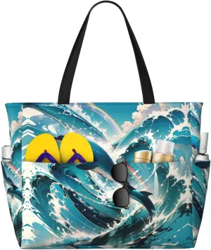 Beach Bag for Women, Waterproof Sandproof Beach Pool Travel Duffel Bags with 7 Pockets, Large Capacity Shoulder Tote Bag for Gym Travel Vacation Essential, Cute Dolphins Leap Out Sea