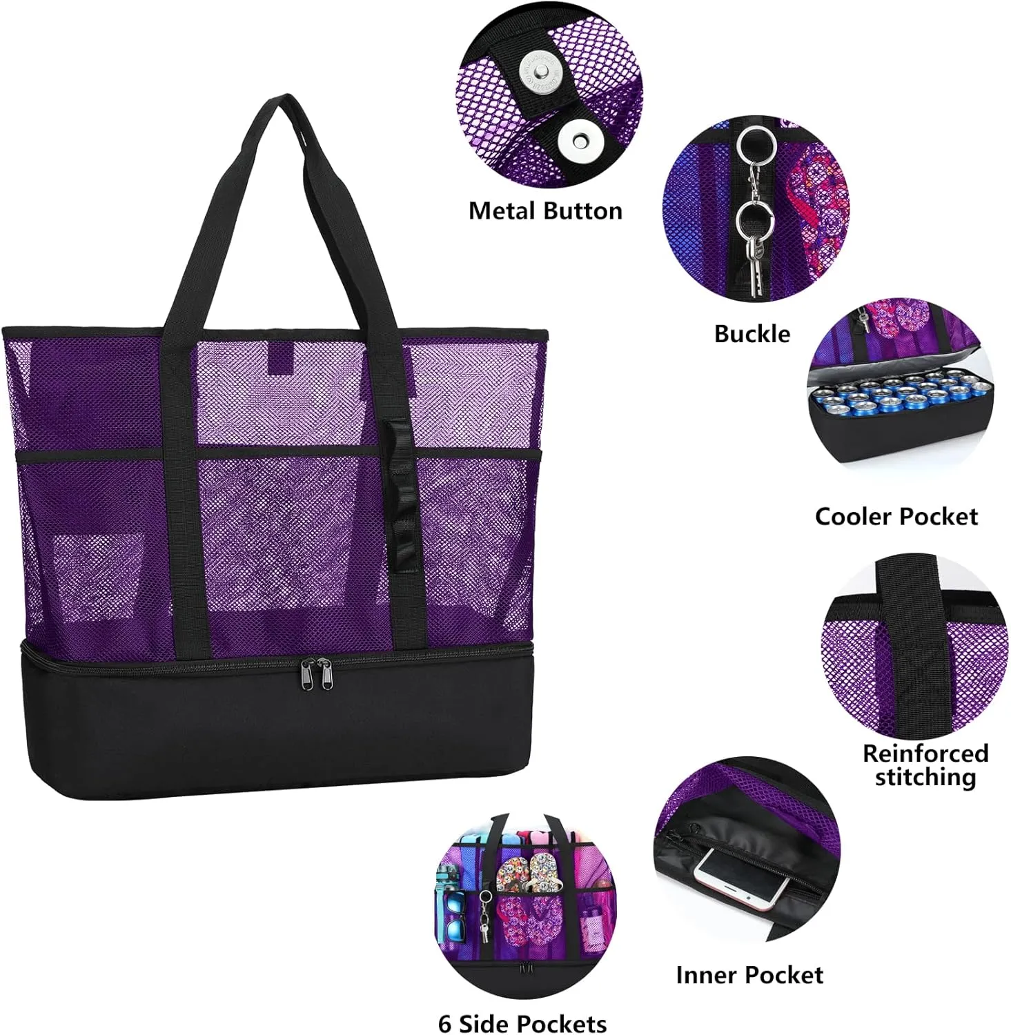 Beach Bag with Cooler,Mesh Beach Bags for Women Sandproof for Pool and Swimming Travel Daily with Durable 8 Pocket