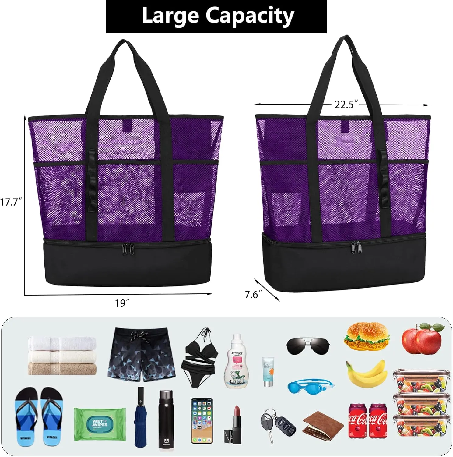 Beach Bag with Cooler,Mesh Beach Bags for Women Sandproof for Pool and Swimming Travel Daily with Durable 8 Pocket