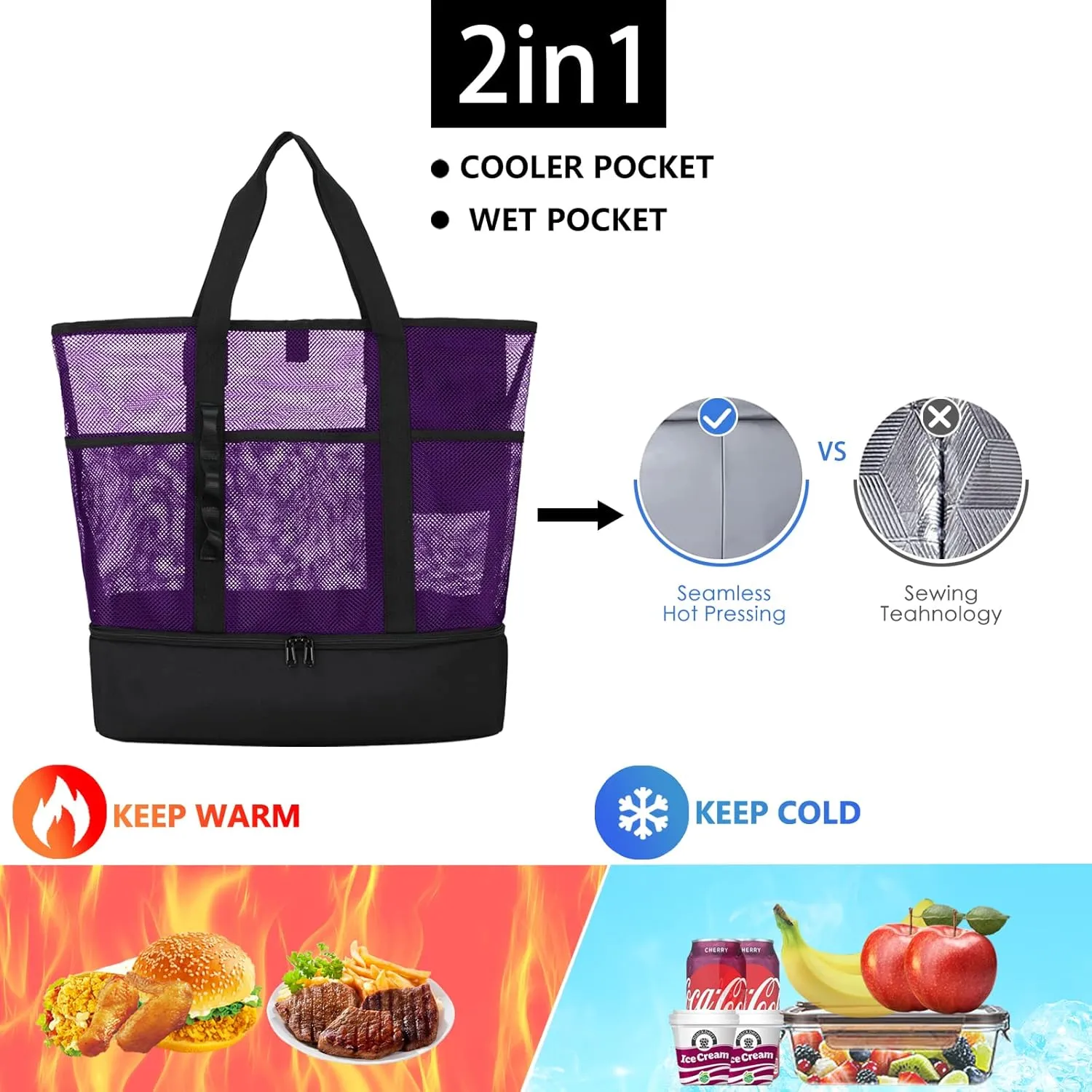 Beach Bag with Cooler,Mesh Beach Bags for Women Sandproof for Pool and Swimming Travel Daily with Durable 8 Pocket