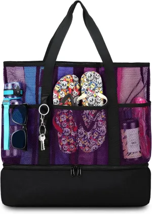 Beach Bag with Cooler,Mesh Beach Bags for Women Sandproof for Pool and Swimming Travel Daily with Durable 8 Pocket