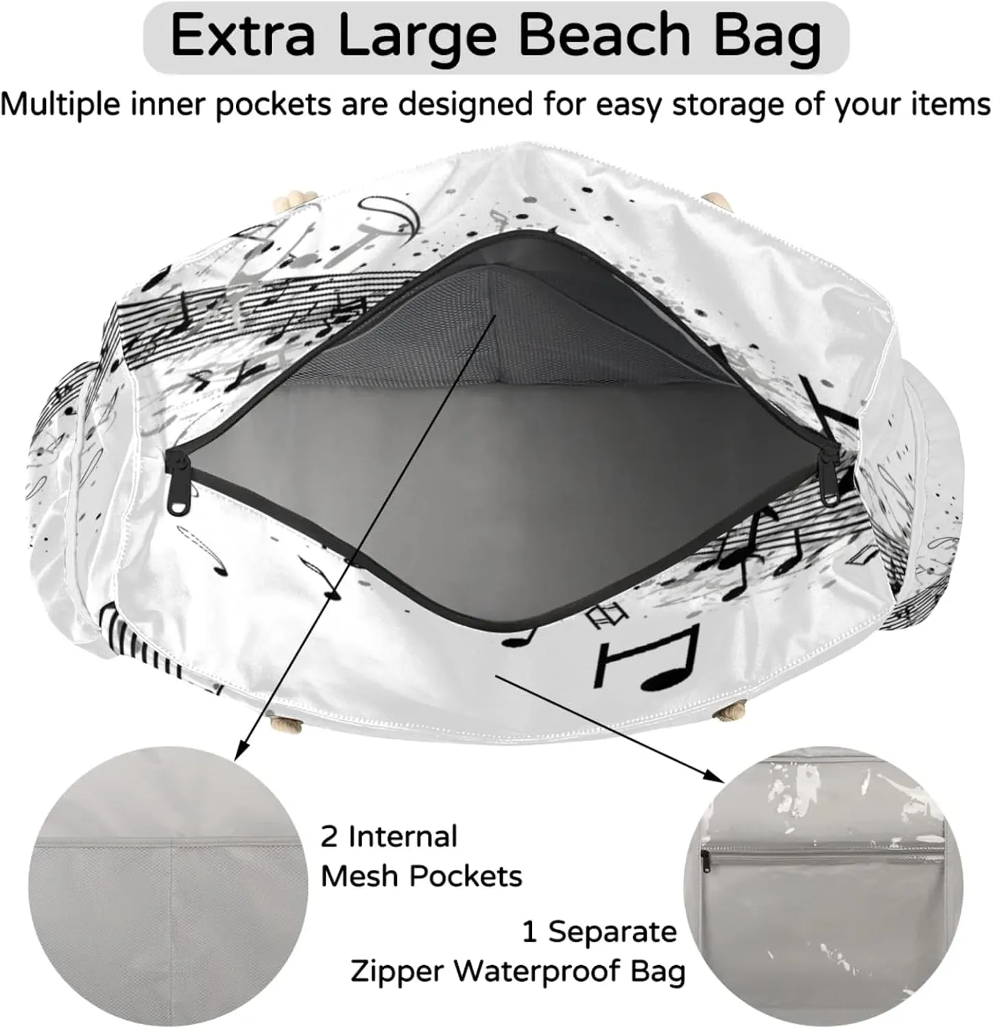 Beach Bags for Women and Men Extra Large Waterproof Sandproof Zipper Travel Tote Bag