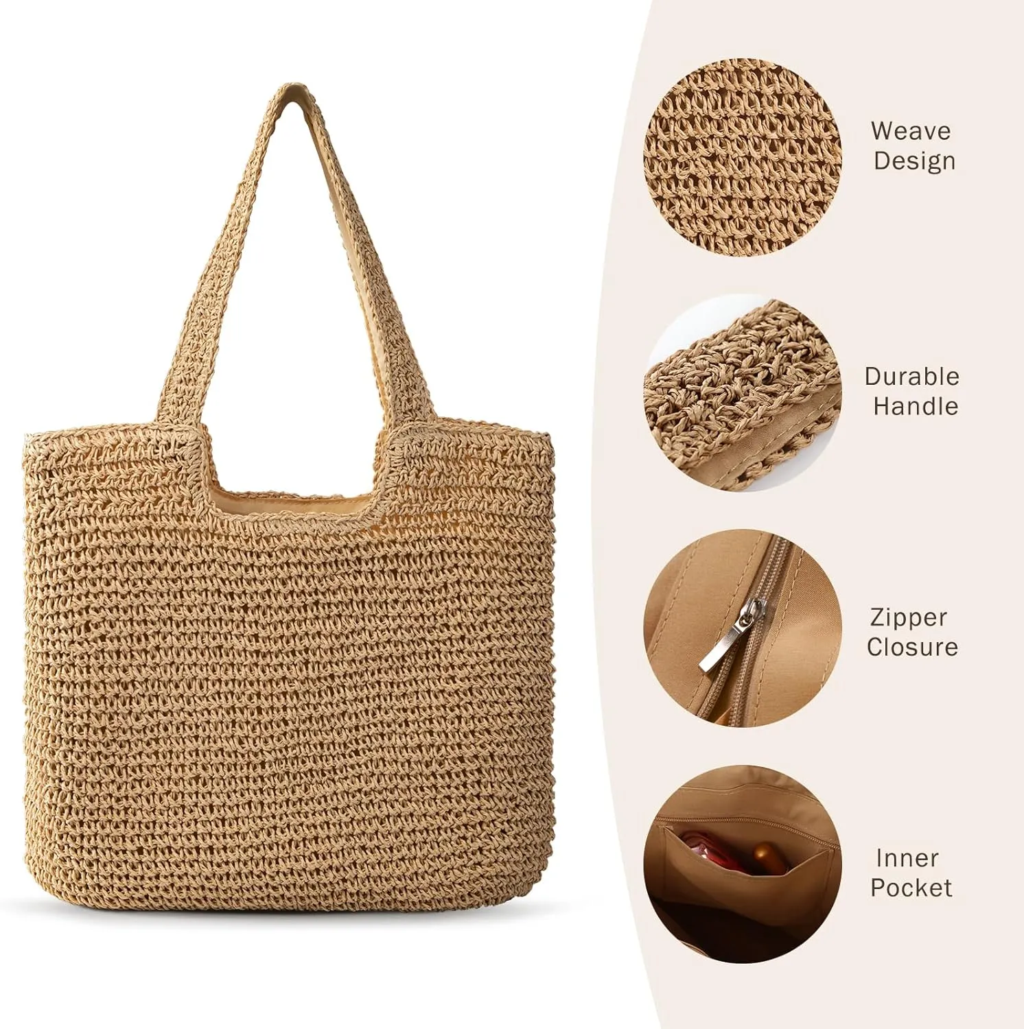 Beach Bags for Women, Large Beach Bag, Woven Straw Tote Bags Waterproof, Weaving Swim Shopping Travel Bag